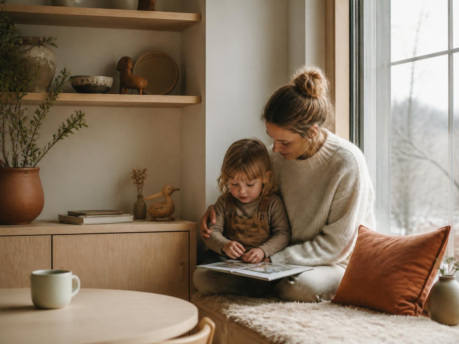 Familie hjemme i sofaen en rolig morgen